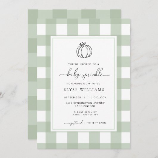 Invitation Sage Green En vichy Citrouille Bébé Sprinkle (Devant / Derrière)