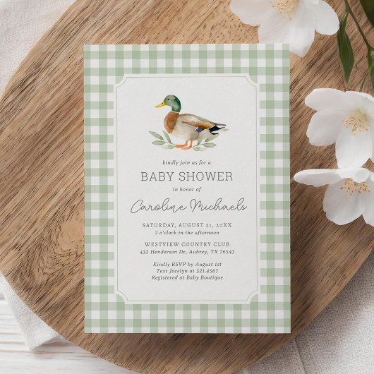 Invitation Sage Green En vichy Mallard Duck Baby shower