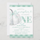 Invitation Sage Green En vichy Preppy Citrouille 1er annivers (Devant)