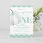 Invitation Sage Green En vichy Preppy Citrouille 1er annivers (Debout devant)