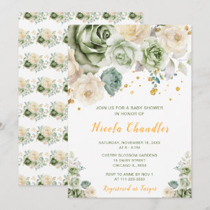 Invitation Sage Green et Baby shower floral crème