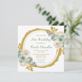 Invitation Sage Green et or Fleurs élégantes Fête d'anniversa (Debout devant)