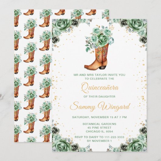 Invitation Sage Green et or Floral Cowboy Boot Quinceañera (Devant / Derrière)
