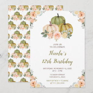 Invitation Sage Green et Peach Floral Citrouille Anniversaire