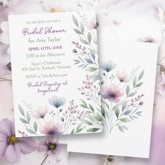 Invitation Sage Green et Plum Purple Fête des mariées botaniq