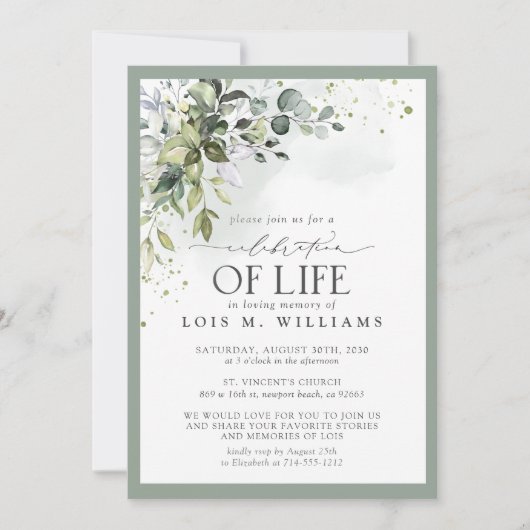 Invitation Sage Green Eucalyptus Fête de la vie (Devant)