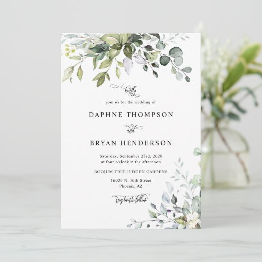 Invitation Sage Green Eucalyptus Feuille Mariage QR Code Phot (Debout devant)