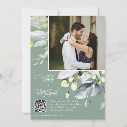 Invitation Sage Green Eucalyptus Feuille Mariage QR Code Phot (Dos)