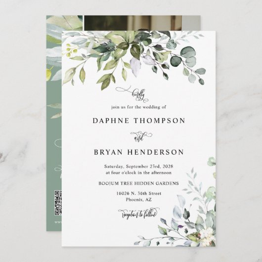 Invitation Sage Green Eucalyptus Feuille Mariage QR Code Phot (Devant / Derrière)