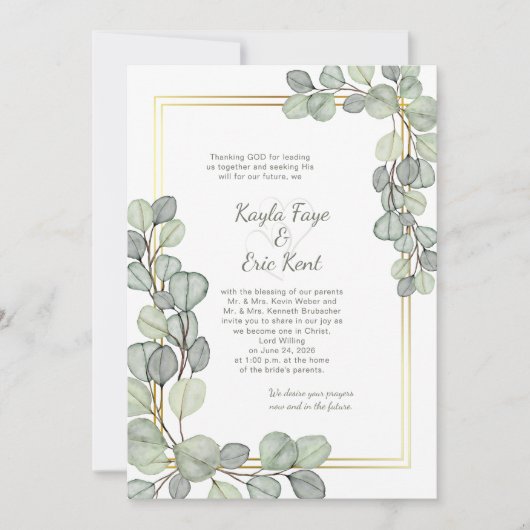 Invitation Sage Green Eucalyptus Gold Frame Wedding (Devant)
