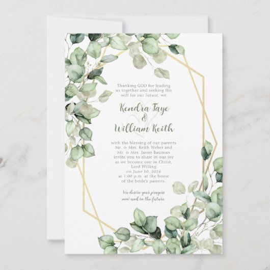 Invitation Sage Green Eucalyptus Gold Geometric Wedding (Devant)