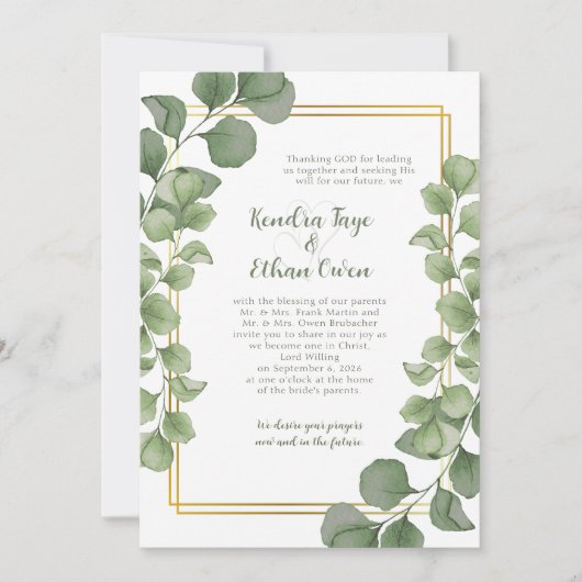 Invitation Sage Green Eucalyptus Leaves Gold Frame Wedding (Devant)