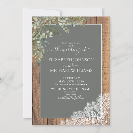 Invitation Sage Green Eucalyptus Mariage Script de dentelle e (Devant)