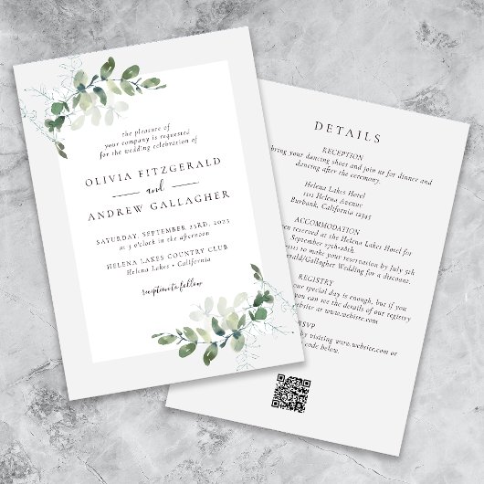 Invitation Sage Green Eucalyptus QR Code tout en un Mariage