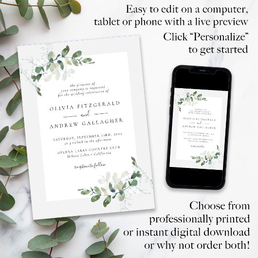 Invitation Sage Green Eucalyptus QR Code tout en un Mariage