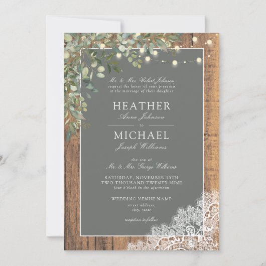 Invitation Sage Green Eucalyptus Wood Lace Script Mariage Inv (Devant)