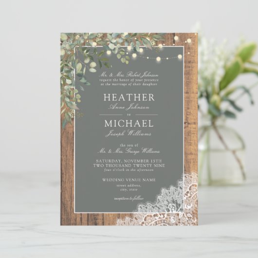 Invitation Sage Green Eucalyptus Wood Lace Script Mariage Inv (Debout devant)
