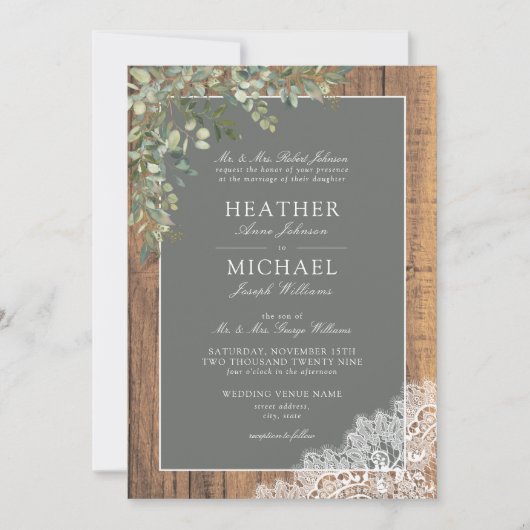Invitation Sage Green Eucalyptus Wood Lace Script Mariage Inv (Devant)