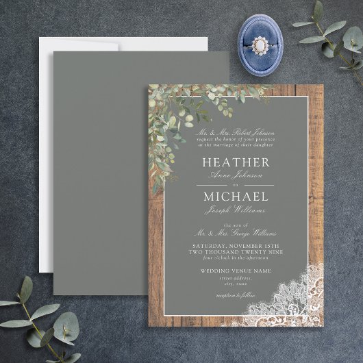 Invitation Sage Green Eucalyptus Wood Lace Script Mariage Inv
