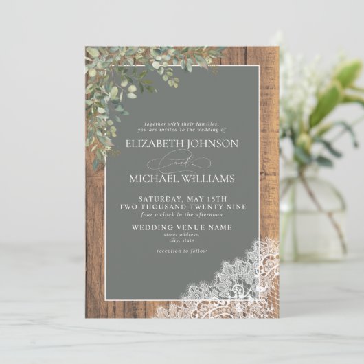 Invitation Sage Green Eucalyptus Wood Lace Script Mariage Inv (Debout devant)