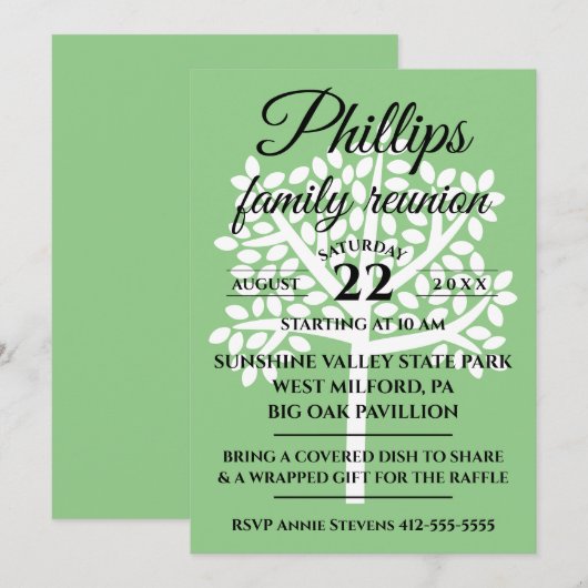 Invitation Sage Green Famille Réunion Arbre Blanc Silhouette (Devant / Derrière)