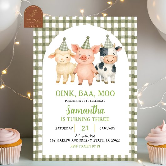 Invitation Sage Green Farm Party Gingham Birthday