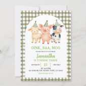 Invitation Sage Green Farm Party Gingham Birthday (Devant)
