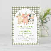 Invitation Sage Green Farm Party Gingham Birthday (Debout devant)