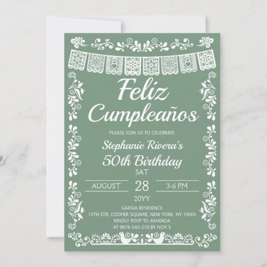 Invitation Sage Green Feliz Cumpleaños 50e Anniversaire (Devant)