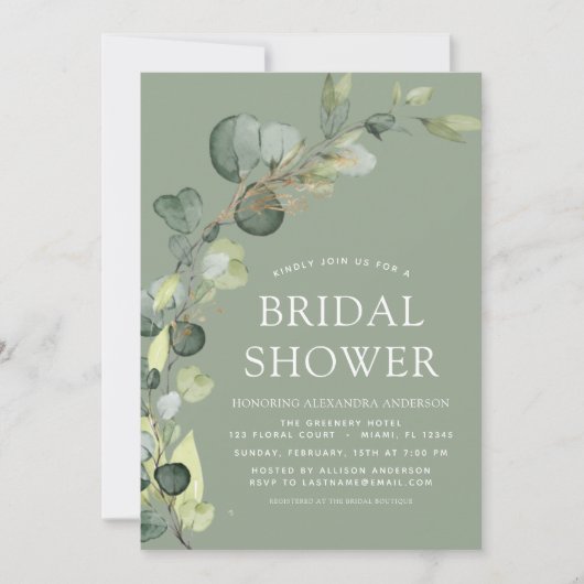 Invitation Sage Green Fête des mariées QR Code Eucalyptus (Devant)