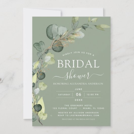 Invitation Sage Green Fête des mariées QR Code Eucalyptus (Devant)