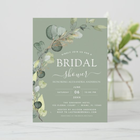 Invitation Sage Green Fête des mariées QR Code Photo Eucalypt (Debout devant)