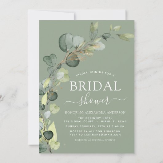 Invitation Sage Green Fête des mariées QR Code Photo Eucalypt (Devant)