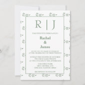 Invitation Sage Green Feuilles Monogramme QR Code Mariage (Devant)