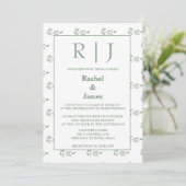 Invitation Sage Green Feuilles Monogramme QR Code Mariage (Debout devant)