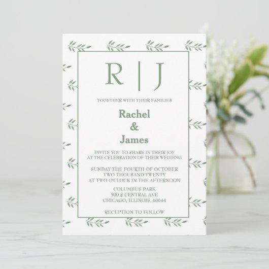 Invitation Sage Green Feuilles Monogramme QR Code Mariage (Debout devant)