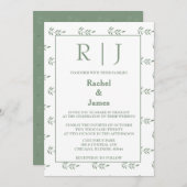 Invitation Sage Green Feuilles Monogramme QR Code Mariage (Devant / Derrière)