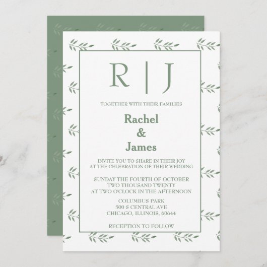 Invitation Sage Green Feuilles Monogramme QR Code Mariage (Devant / Derrière)