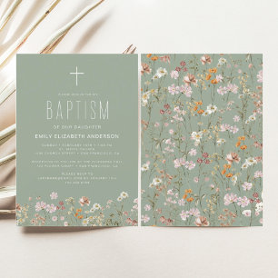 Invitation Sage Green Fleur sauvage Baptême Jardin En Fleur
