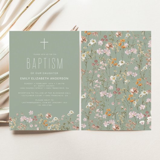 Invitation Sage Green Fleur sauvage Baptême Jardin En Fleur