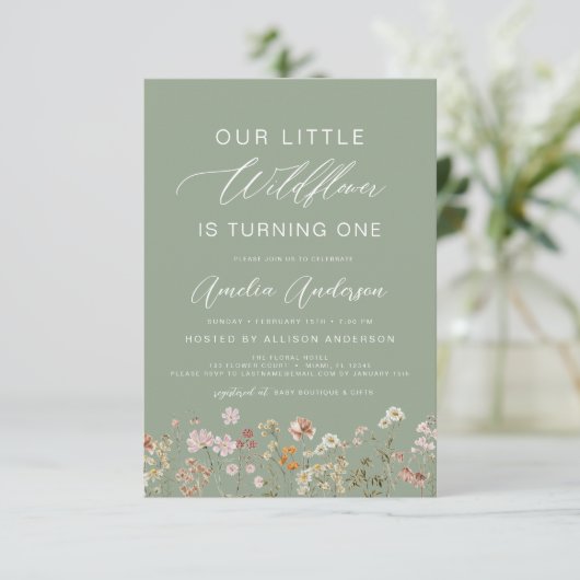 Invitation Sage Green Fleur sauvage Boho 1er anniversaire (Debout devant)