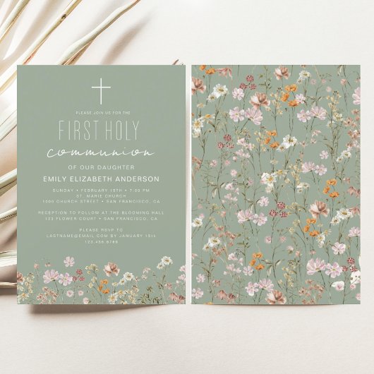 Invitation Sage Green Fleur sauvage Première sainte communion