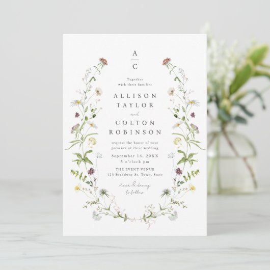 Invitation Sage Green Fleur sauvage Rustic Boho Mariage monog (Debout devant)