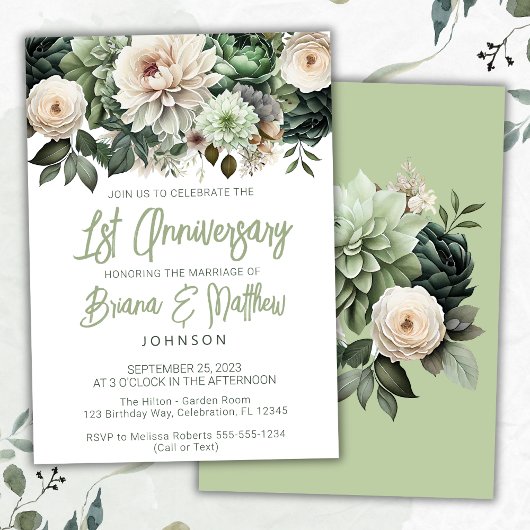 Invitation Sage Green Floral 1er anniversaire Mariage