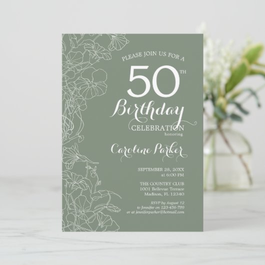 Invitation Sage Green Floral 50e fête d'anniversaire (Debout devant)
