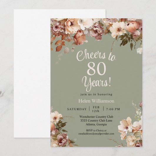 Invitation Sage Green Floral 80e anniversaire encourt à 80 an (Devant / Derrière)