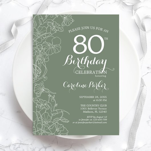 Invitation Sage Green Floral 80e fête d'anniversaire