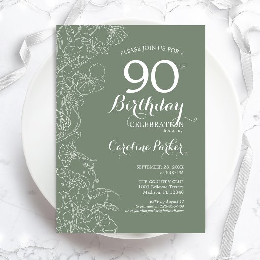 Invitation Sage Green Floral 90e fête d'anniversaire