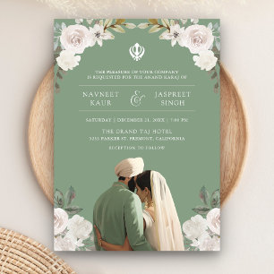 Invitation Sage Green Floral Anand Karaj Indian Sikh Mariage