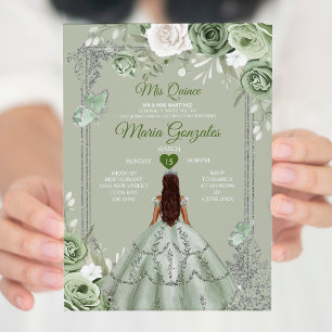 Invitation Sage Green Floral Argent Couronne Mis Quince 15 An